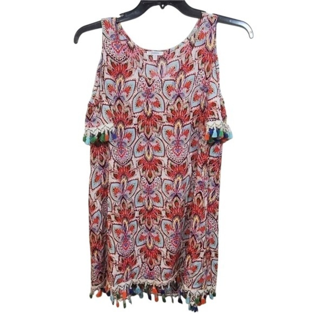 Jodifl Cold Shoulder Tassel Dress Colorful Patterned Sleeveless Mini Tunic Smal
